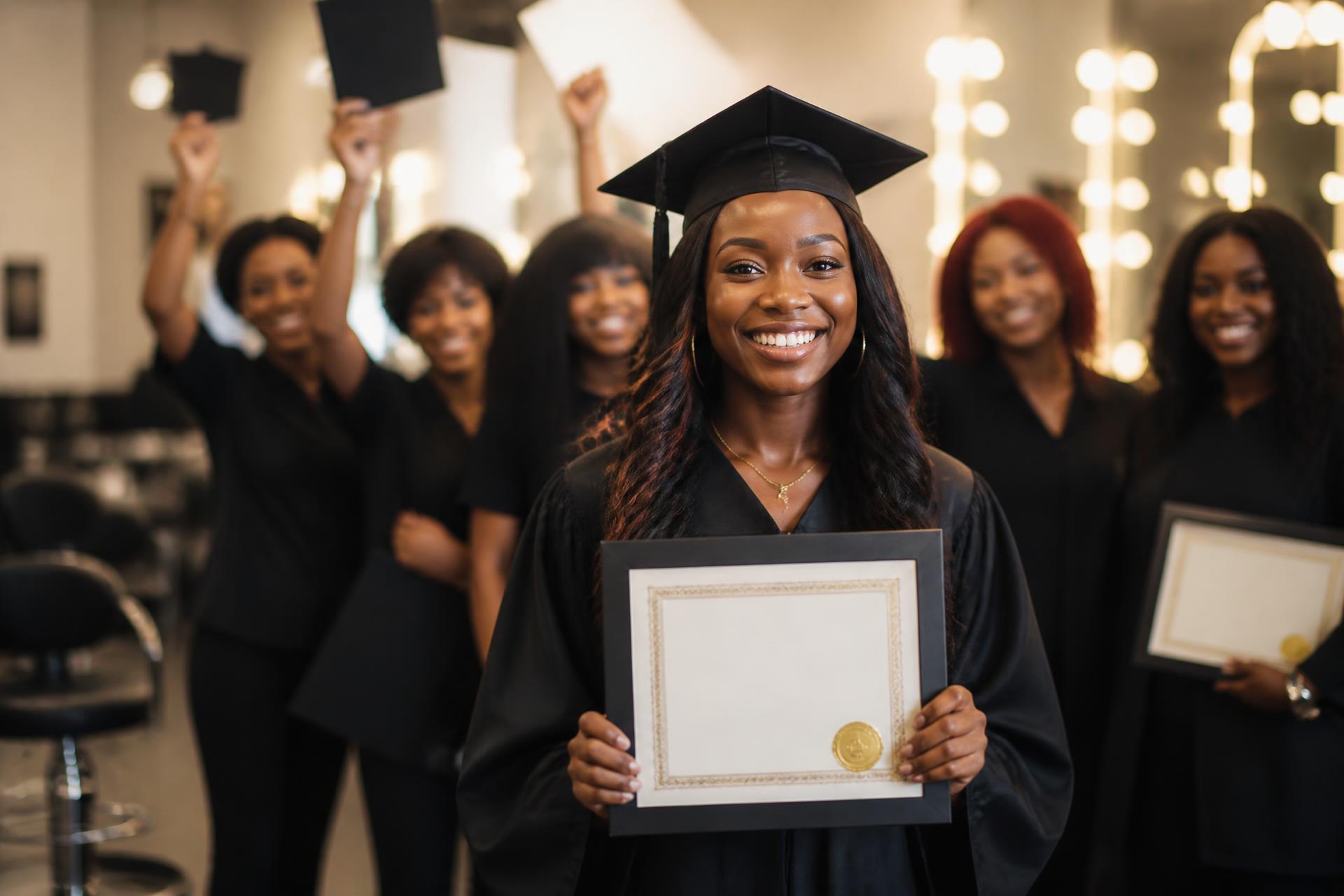Beauty school graduate celebrating the start of a licensed career
