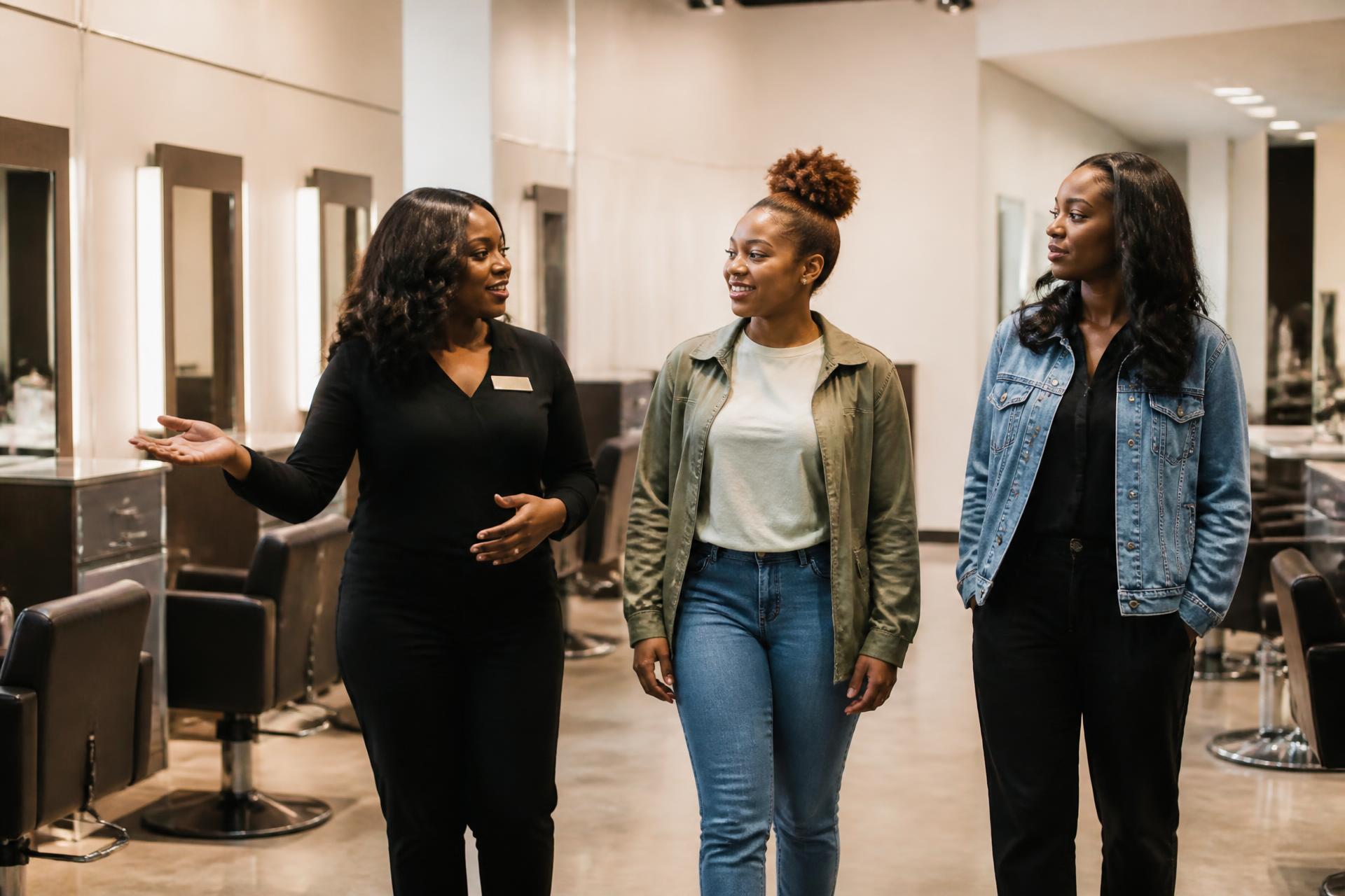 Prospective student touring a professional beauty school classroom and styling floor