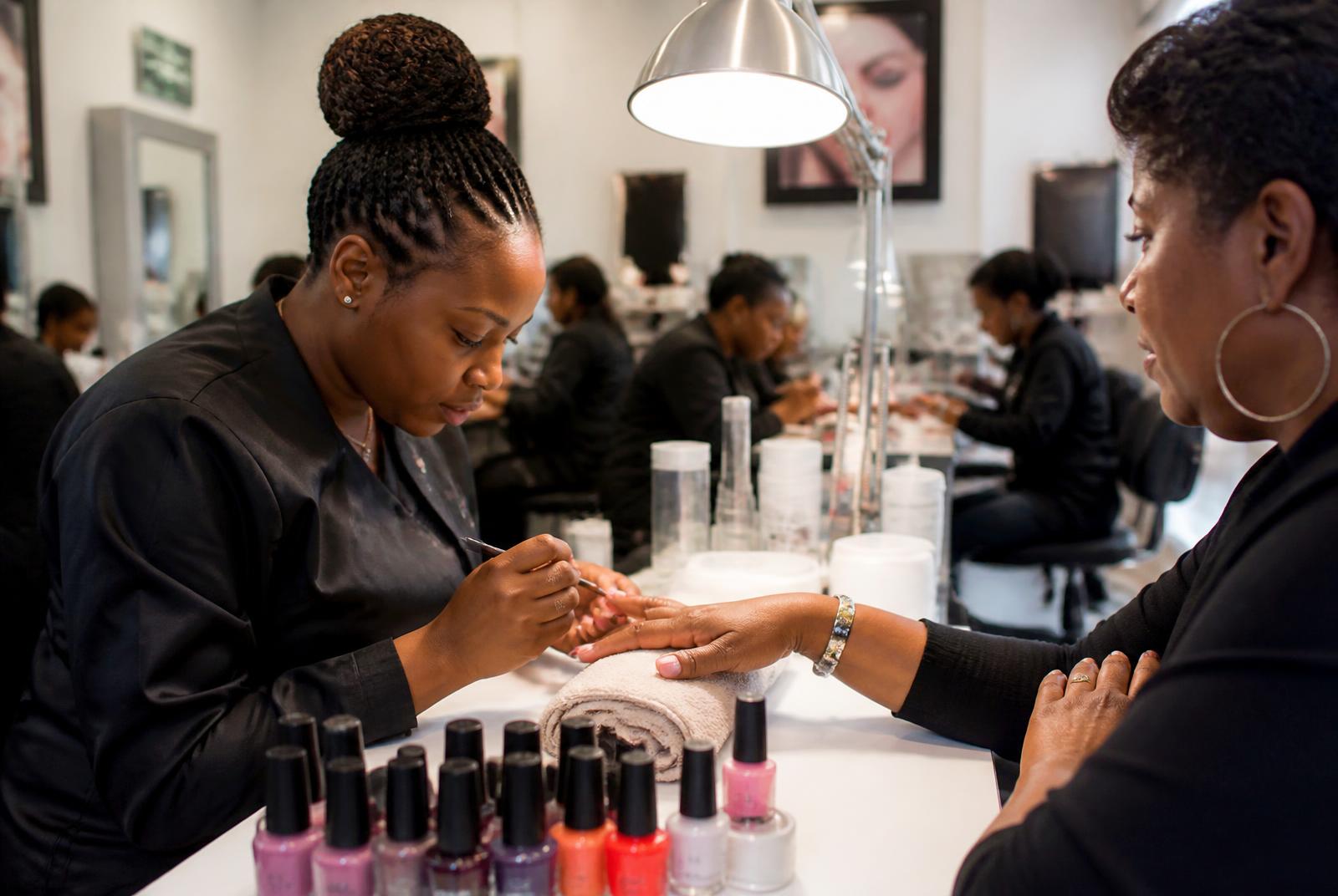Nail technology student completing a manicure for a salon client